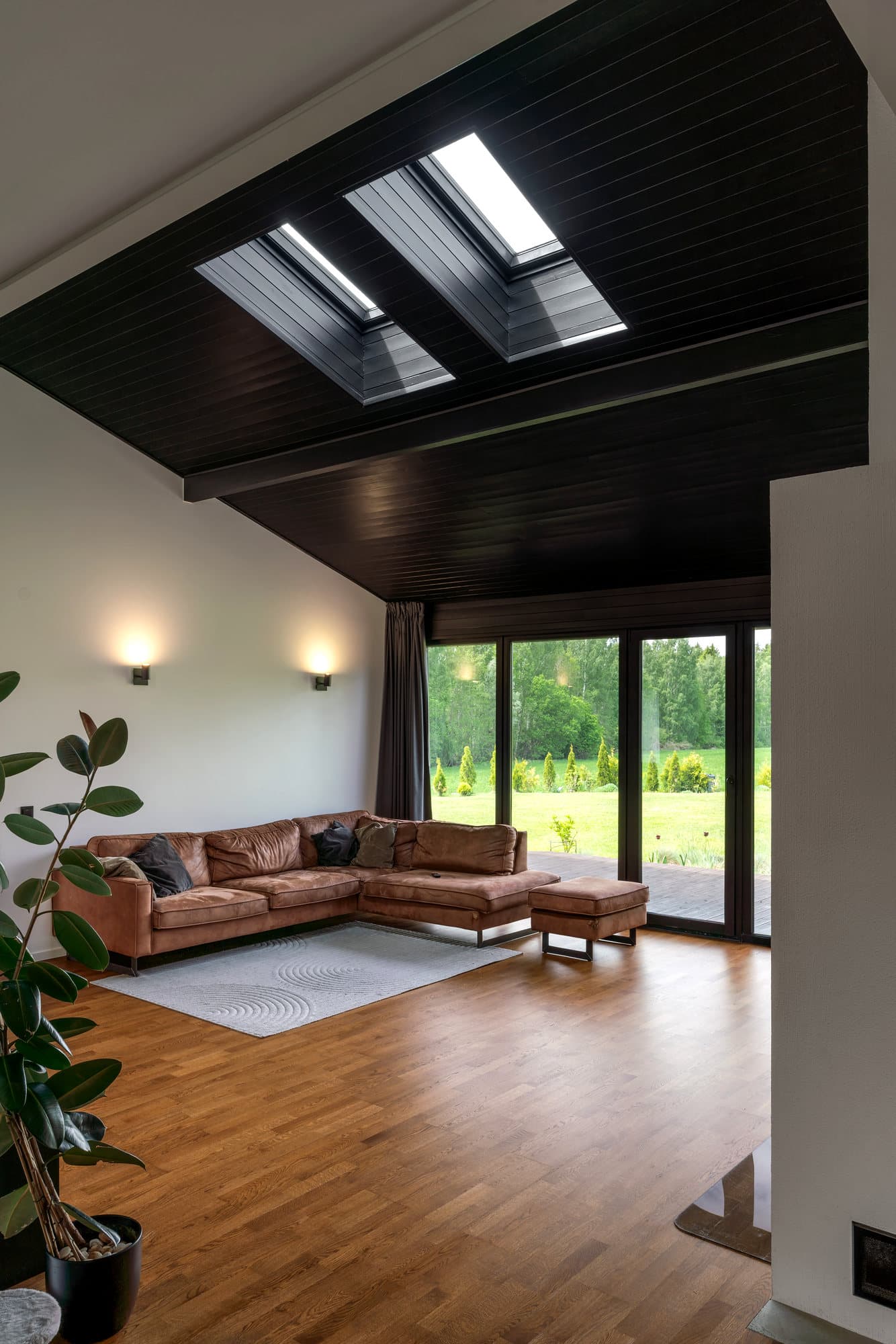 Renovated living room with fireplace.
