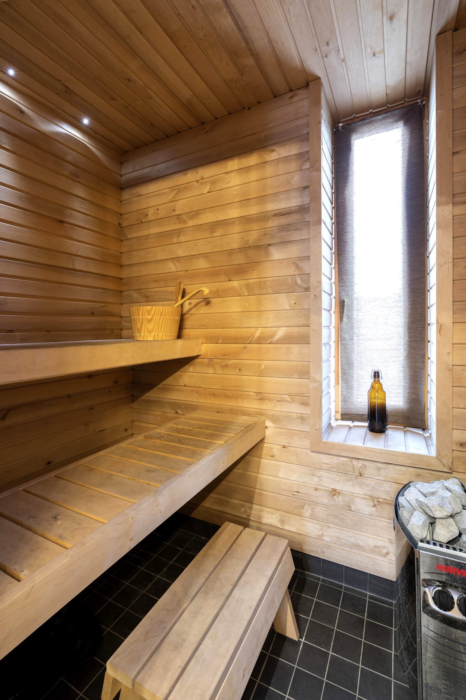 Wood-lined sauna.